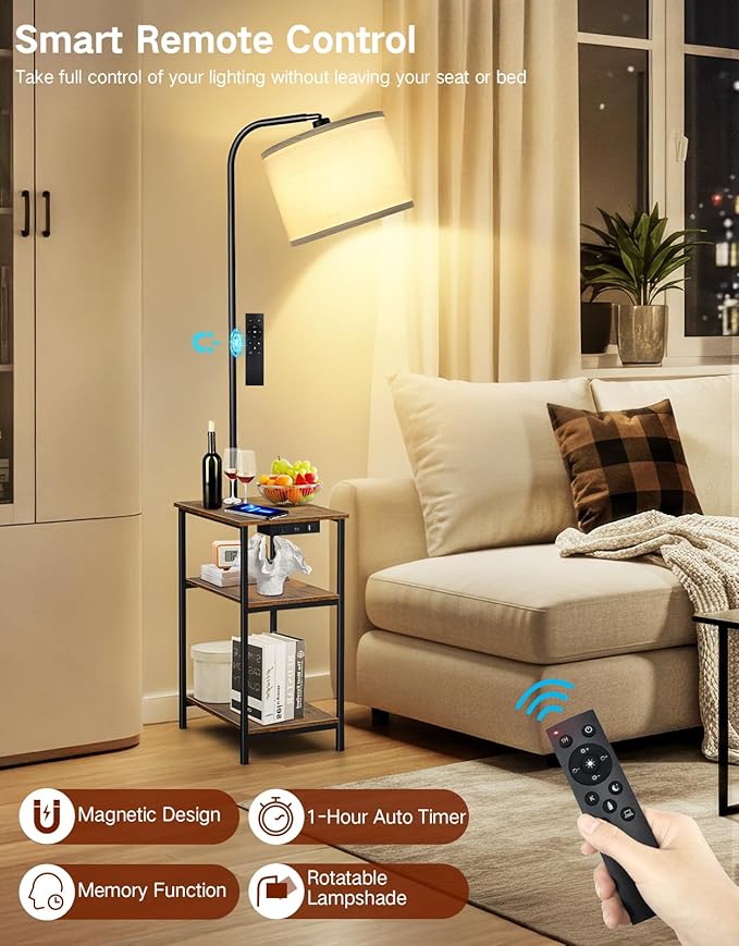 Floor Lamp with Table & Remote, Side End Table with Charging Station, Dimmable Nightstand with 3 Color Temperatures, 1-Hour Timer, 12W LED Bulb, for Living Room, Bedroom
