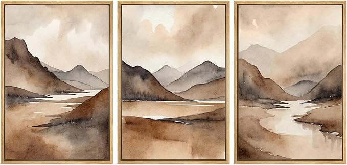 SIGNWIN Framed Canvas Print Wall Art Set Landscape Serene Mountain and River Scene in Warm Earth Tones Illustrations Art Decorative for Living Room, Bedroom, Office - 24"x36"x3 Natural