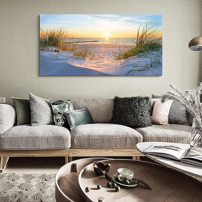 Blue Sun Beach Grass Ocean Landscape Paintings - Large Canvas Wall Art for Living Room, Bedroom, Office - Modern Wall Decor