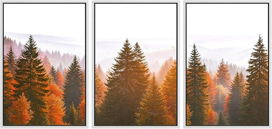 SIGNFORD Framed Wall Art Print Set Golden Autumn Forest Warm Sunrise Landscape Digital Art Modern Art Contemporary for Living Room, Bedroom, Office - 16"x24"x3 White