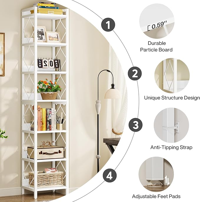 Tribesigns 78.7 Inch Extra Tall Narrow Bookshelf Set of 2, 7 Tier Skinny Bookcase for Small Spaces, Freestanding Display Shelves, Multifunctional Corner Storage Organizer for Home Office, White