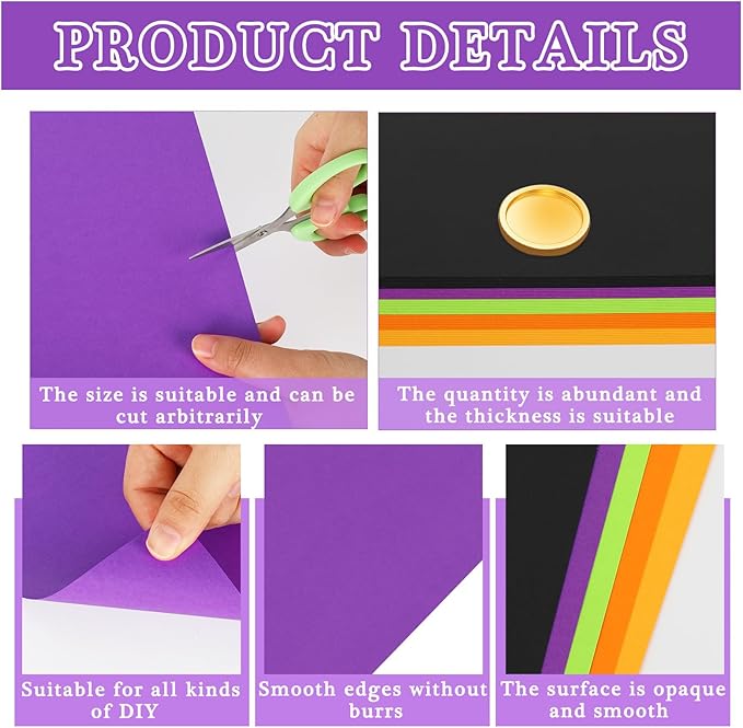 Whaline 150 Sheets 8.5 x 11 Inch Assorted Halloween Colored Card Stock Paper Black Purple Green Orange Yellow Scrapbook Paper for DIY Crafts Card Making Hocus Pocus Party Gift Supplies, 65lb