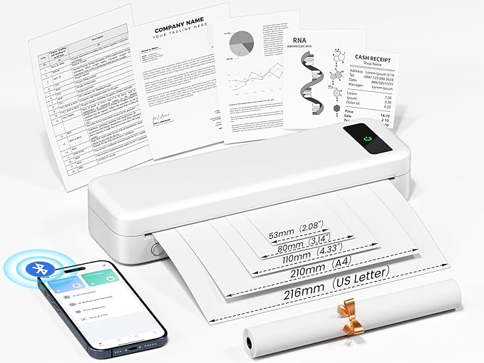 TATTMUSE Bluetooth Inkless Thermal Printer White & 100 Sheets 8.5" x 11" US Letter Thermal Paper, Compatible with iPhone Android Laptop for Home Car Office