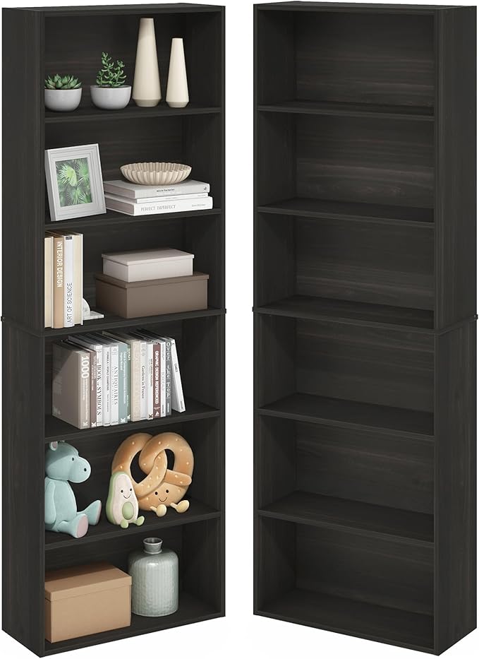 Furinno Jaya Book Shelf Set of 2, 6-Tier Bookshelf, Bookcase, 9.5 x 24.6 x 71, for Home Office, Living Room, Espresso