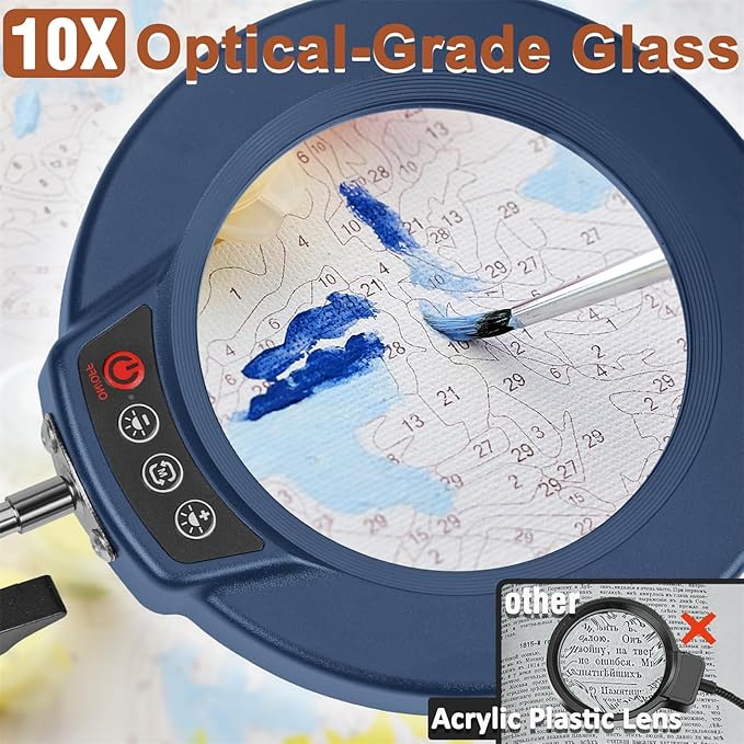 LANCOSC 10X Magnifying Glass with Light and Stand, 3-in-1 Adjustable Swing Floor Lamp, 5 Color Modes Stepless Dimmable, LED Lighted Hands Free Magnifier & Clamp for Reading, Crafts, Painting - Blue