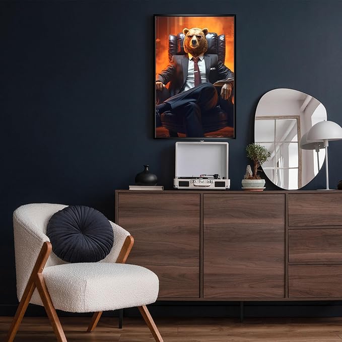 Trendy Suit Animal Bear Portrait Wall Art Funny Boss Bear Canvas Posters Work Struggle Motivation Inspiring Prints Painting For Office Living Room Wall Decor 8x12in Framed
