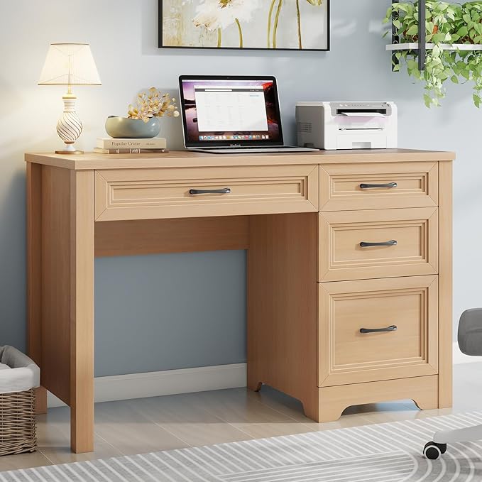 Farmhouse Executive Desk with Drawers, Wood Computer Desk with Ample File Drawer, Rustic Home Office Desk with Storage for Bedroom, Living Room, Natural