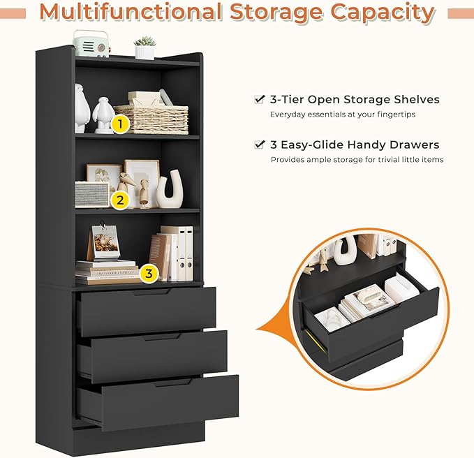 DICTAC Bookcase with 3 Drawers and Shelves 73.23'' Tall Bookshelf with Storage Modern Wood Closet Drawers System,Closet Organizer Unit Freestanding Tall Storage Cabinet for Home Office,Bedroom,Black