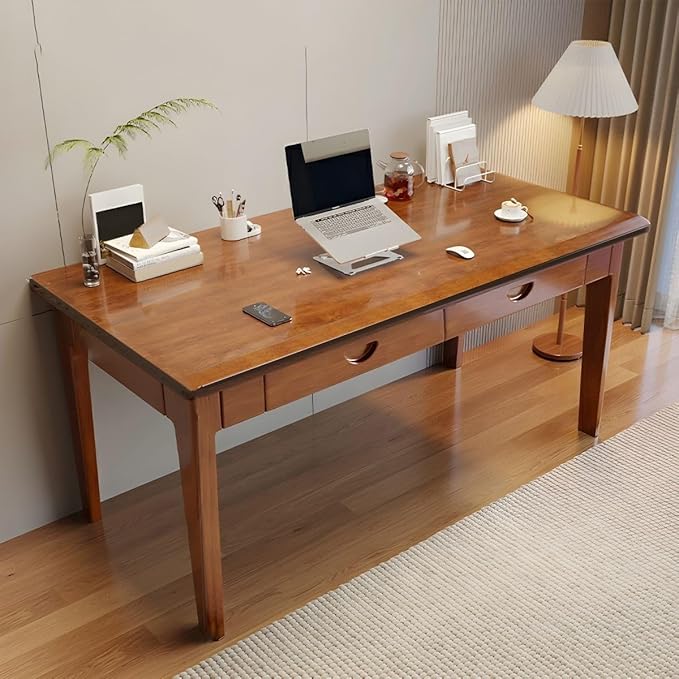 RUNNUP Modern Wood Writing Desk with 2 Drawers 47" Home Office Desk Simple Study Desk for Small Spaces, Without Chairs Nut-Brown