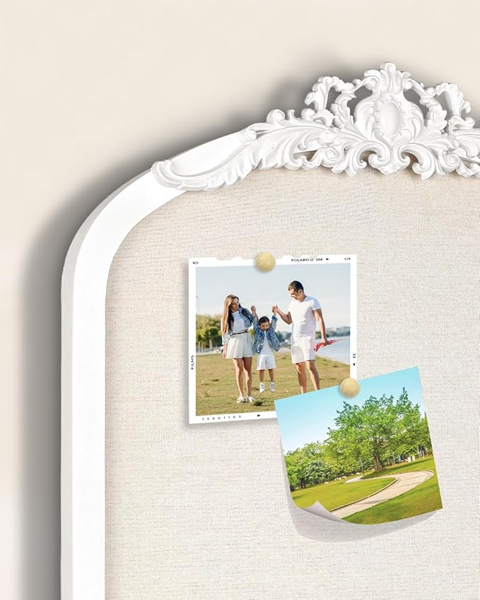 Bulletin Board with Linen, Vintage Arch Framed Pin Board – 15.7" x 24.8" White Cork Board for Walls, White Pine Wood Frame, Fabric Pinboard, Vision Board for School, Home & Office