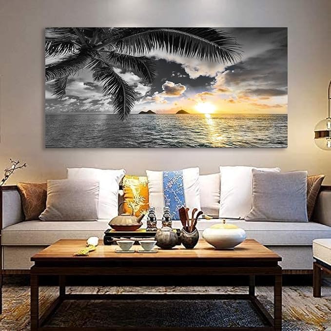 Bamdeya Large Canvas Wall Art for Bedroom Black and White Beach Wall Art Sunset Seascape Pictures Palm Prints Art Wall Decor Living Room Ocean Poster Painting Home Office Decoration Scenery Artwork