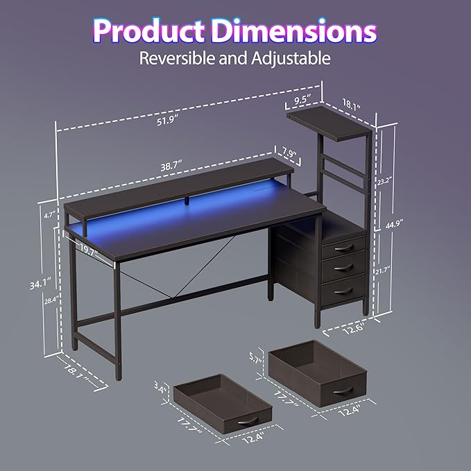 Mericonia Gaming Desk with Power Outlets & LED Lights, Reversible Computer Desk with PC Case Stand, Fabric Drawers, Modern Office Desk with Shelves, Monitor Stand