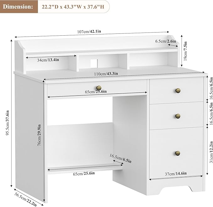 TTVIEW Computer Desk with Drawers and Hutch Shelf, Wood Executive Desk Writing Study Table with 43” Wide Tabletop, Small Desk with File Drawer for Home Office Bedroom, White