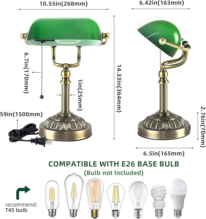 Green Glass Bankers Desk Lamp, Vintage Desks Lamp with USB Charging Port, Traditional Banker's Lamp, Mid Century Desk Lamp Pull Chain for Home Office Library