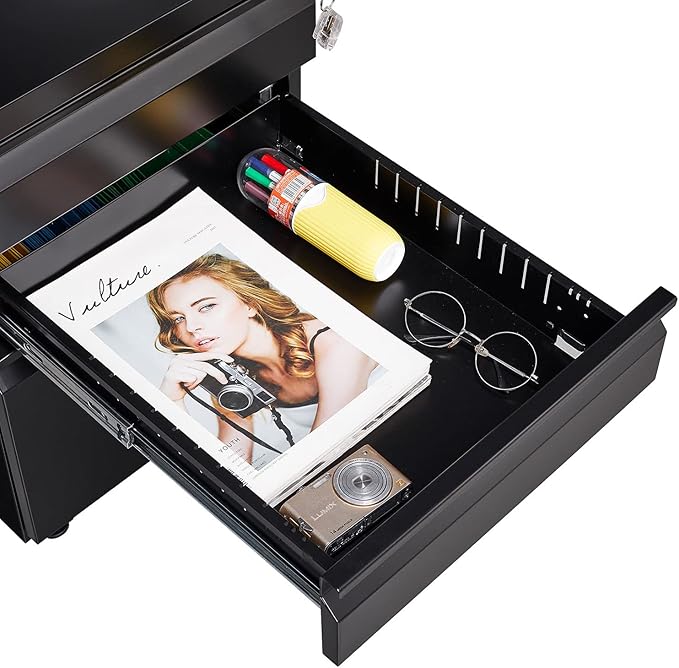[Fully Assembled] 3-Drawer Lockable Mobile File Cabinet – Metal A4/Letter/Legal Size Storage for Home/Office, Pre-Assembled, Space-Saving Under-Desk Cabinet with Wheels (Black)