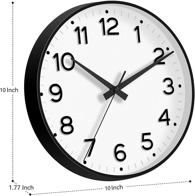 Wall Clock 10 Inch Silent Wall Clocks Battery Operated-Modern Non Ticking Analog Clock Decorative for Kitchen Bedroom Office (Black)
