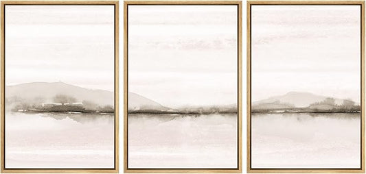 SIGNWIN Framed Canvas Print Wall Art Set Pastel Sunset Mountain Forest Lake Nature Wilderness Illustrations Modern Art Rustic Scenic Relax/Calm for Living Room, Bedroom, Office - 24"x36"x3 Natural