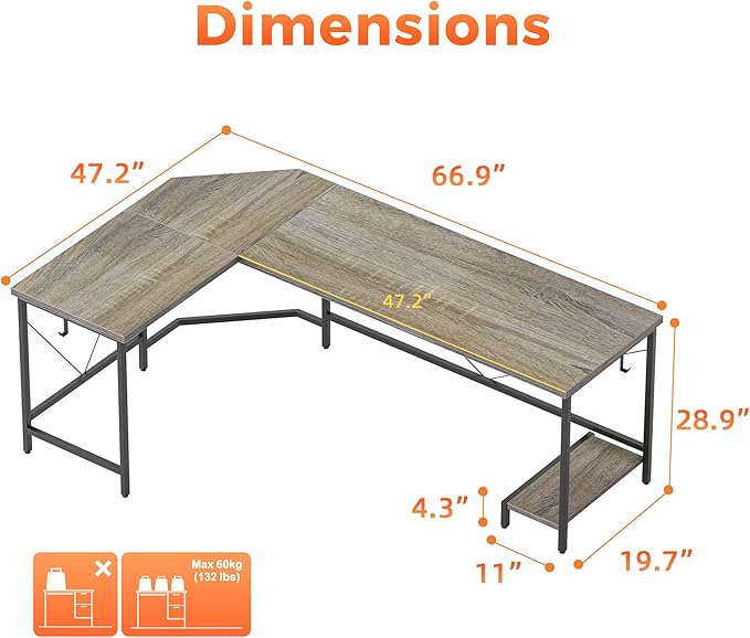 Mericonia 66 inch Large L Shaped Desk, Simple Corner Gaming Desk with CPU Stand & Hooks, Computer Desk for Home, Bedroom & Office Workspace, Grey