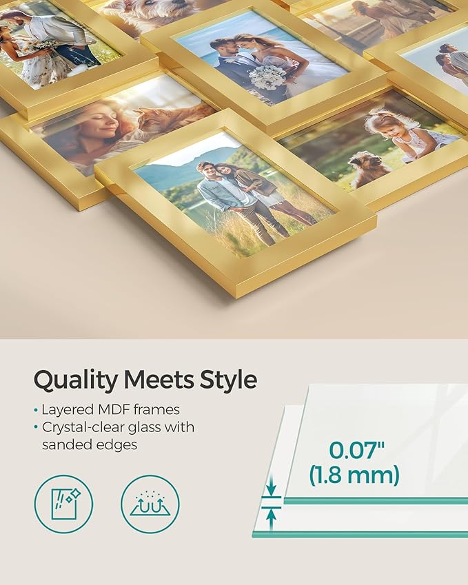 SONGMICS Collage Picture Frames, 4x6 for Wall Decor, Multi Family Photo for Gallery Decor, Hanging Display, Set of 12, Pale Gold URPF026A01