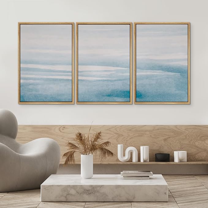 SIGNWIN 3 Piece Framed Canvas Wall Art Blue Sky Watercolor Nature Wilderness Illustrations Abstract Traditional Relax/Calm Home Artwork Decoration for Living Room,Bedroom - 16"x24"x3 Natural