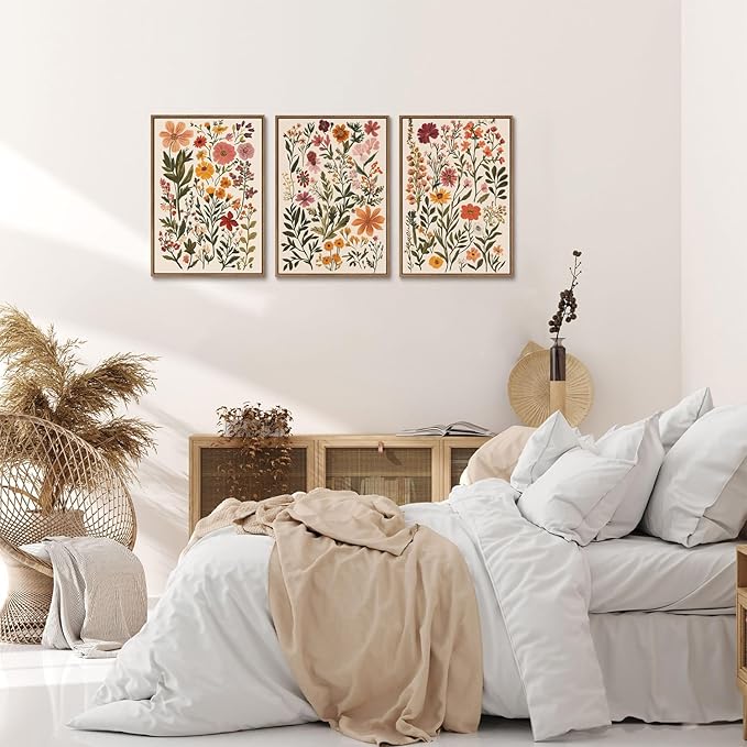 KISSFOX 3 Piece Boho Floral Canvas Wall Art For Bedroom Cottagecore Wild Flower Framed Wall Art Colorful Nature Modern Botanical Art Prints For Nursery Living Room,12x16 in