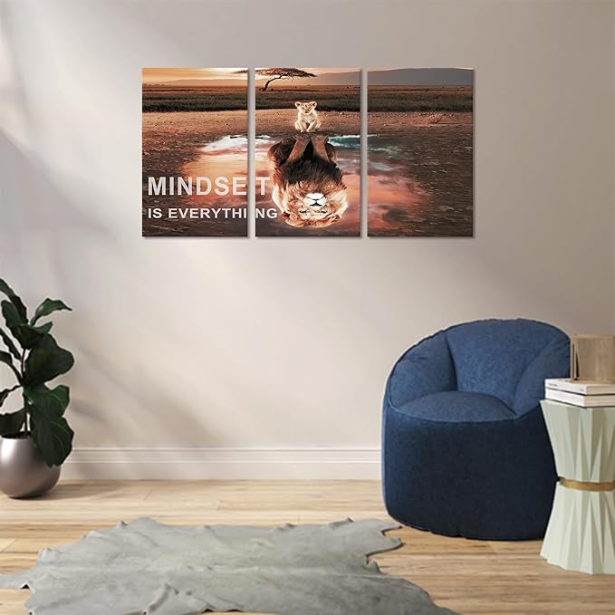 Mindset is Everything Wall Art Lion Motivational Wall Decor for Office Pictures Posters Framed Canvas Wall Art Prints Painting Artwork Decor Ready to Hang in Living Room Bedroom Classroom