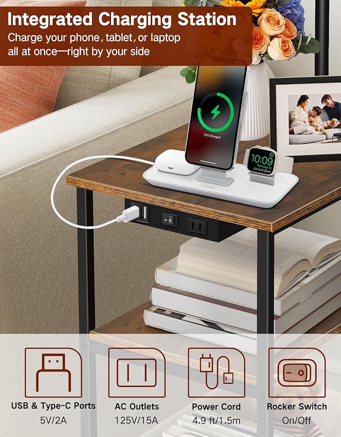 Floor Lamp with Table & Rattan Shade, Side End Table with Charging Station, Dimmable Nightstand with 3 Color Temperatures, 1-Hour Timer, 12W LED Bulb, for Living Room, Bedroom(Rustic Brown)