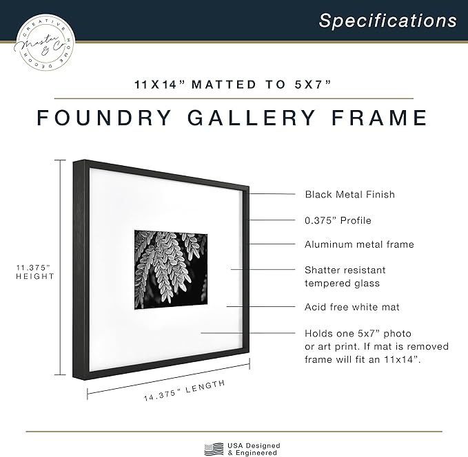 MCS Master & Co. Foundry Metal 11x14 Matted Picture Frame with 5x7 Photo Display, Black Vertical & Horizontal Wall Hanging Frame for Photos & Artwork (1-Pack)