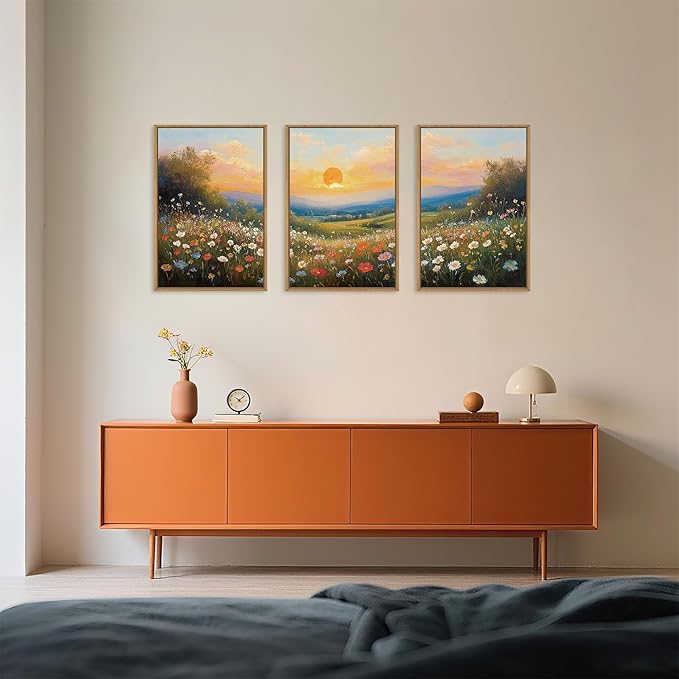 HOURIA Watercolor Spring Floral Meadow Landscape Framed Canvas Wall Art Set,Boho Vibrant Colorful Wildflower Decor,Modern Sunset Nature Inspired Scenery Artwork for Living Room,Bedroom,Farmhouse-24"x36"x3
