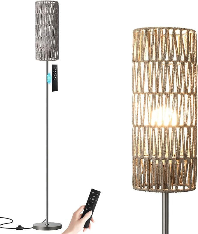 Ambimall 64'' Floor Lamps for Living Room with Remote Control and Stepless Dimmable Colors Temperature & Brightness, Boho Grey Standing Lamp with Grey Rattan Shade