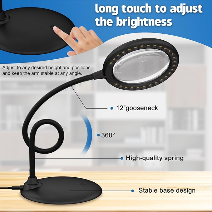 Magnifying Glass with Light and Stand, 5X Desk Magnifying Lamp, Table Magnifier Lamp for Senior Close Work Reading Crafts
