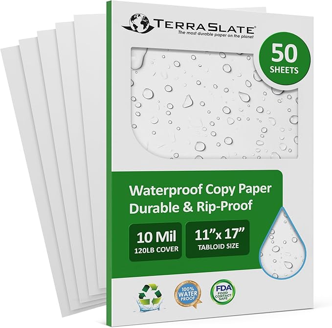 TerraSlate Copier Paper 10 MIL 11" x 17" Waterproof Laser Printer/Copy Paper, Printable Waterproof Paper (50 Sheets)