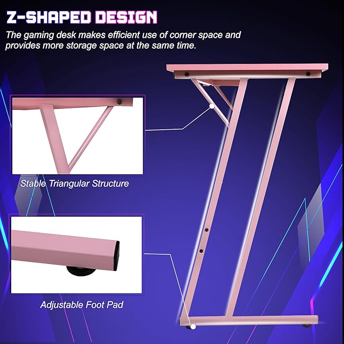 NChanmar L Shaped Gaming Desk with Monitor Riser Stand, Home Office Corner Desk for Studying, Working and Gaming, Large Desktop, Pink