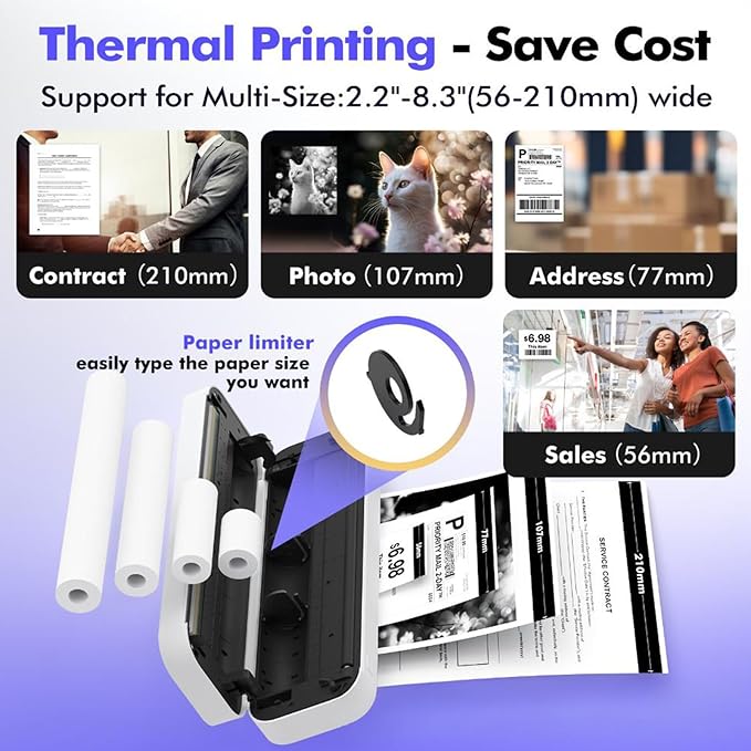 Inkless Printer, A4 Portable Thermal Printer, Compatible with iPhone Phone Laptop, Printing Speed 10mm/s & 304 DPI Clear, Support Thermal Paper, for Home/Outside Office Receipt