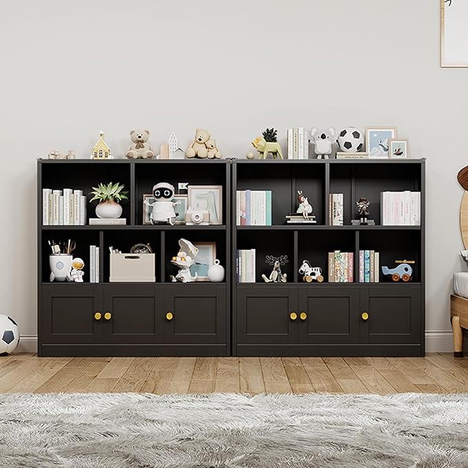 Kids Bookshelf and Toy Storage Organizer with 3 Cabinet and 5 Open Cubbies，Kids Toys Storage Organizer Shelf with Corner Guard，Multifunctional Floor Chest for Playroom and Kid's Room（Black）