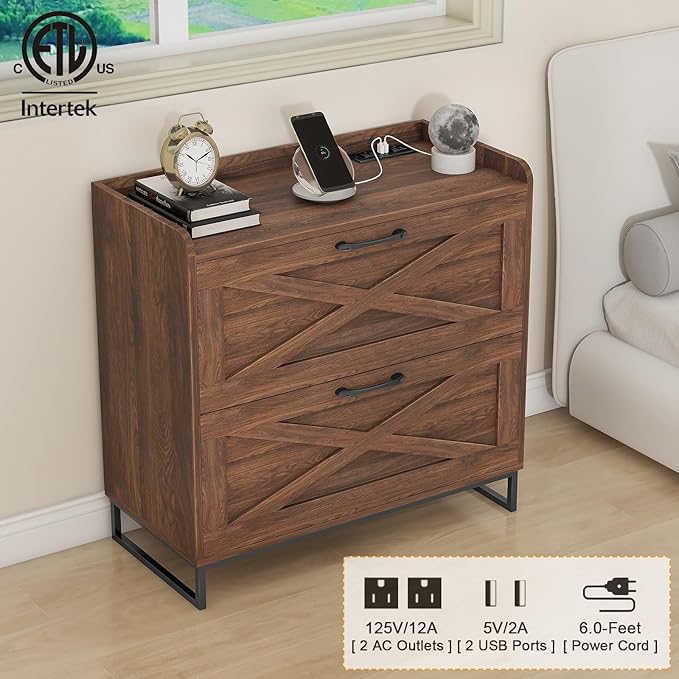 2 Drawer Lateral File Cabinet, Filing Cabinet with Charging Station for Letter/Legal/A4 Size Hanging Files, Modern Farmhouse File Cabinet for Home Office, Printer Stand with Storage, Dark Walnut