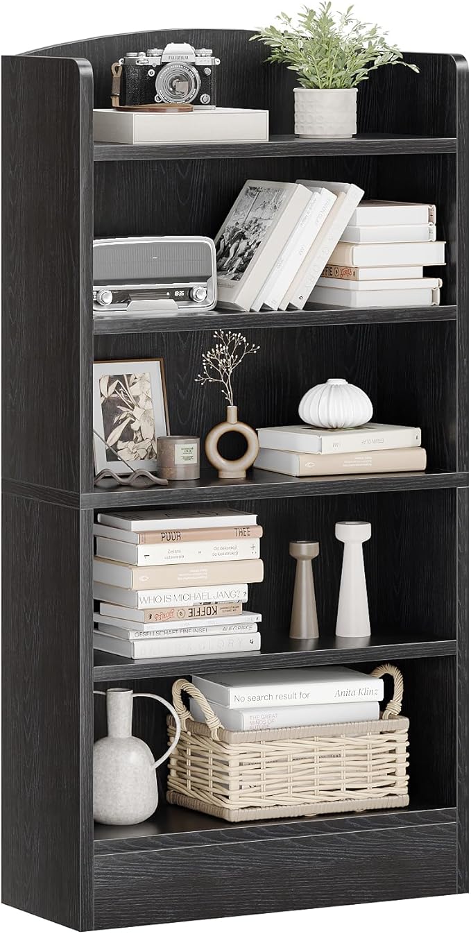 5-Shelf Multi-Functional Modern Wood Bookcase with Curved Design, Dust-Proof Baffle, and Sturdy Construction for Home Office, Black