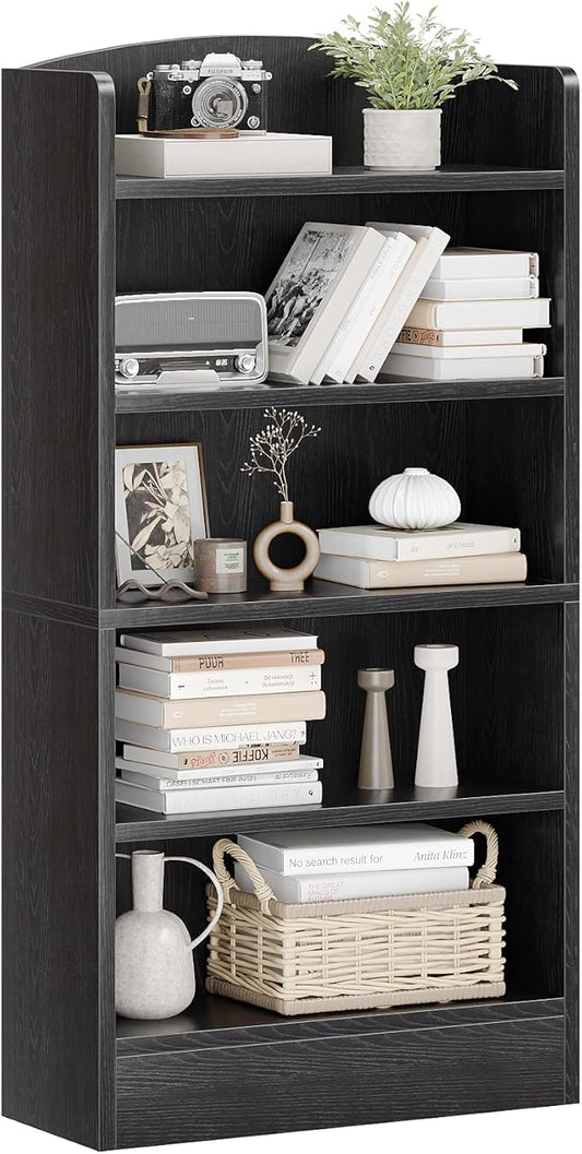 5-Shelf Multi-Functional Modern Wood Bookcase with Curved Design, Dust-Proof Baffle, and Sturdy Construction for Home Office, Black