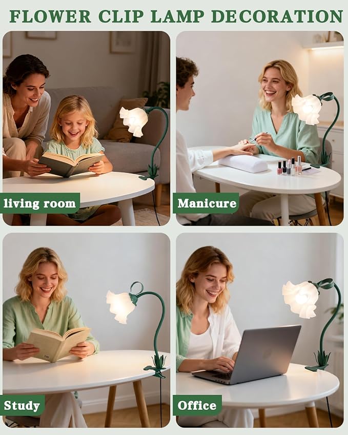 Green Clip on Light, 3 Color Modes Eye-Caring Flower Desk Lamp with Clamp, Dorm Room Essentials, Flexible Neck Reading Clamp Lamps for College Bedside Bookshelf Studying Room (Dark Green)