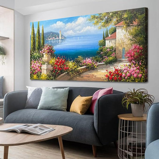 Arjun Landscape Wall Art Canvas for Living Room Mediterranean Seascape Painting Bedroom Flower Blue Ocean Picture Modern Scenery Artwork Framed Home Office Wall Decor, Extra Large 58"x29"
