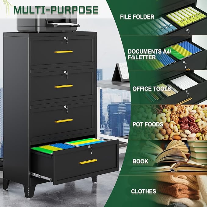 4 Drawer File Cabinet with Lock, Metal Lateral File Cabinets for Home Office, Steel Wide Filing Organization Storage Cabinets, Home Office Furniture for Hanging Files Letter/Legal/F4/A4 Size