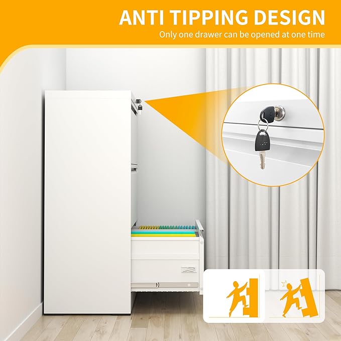 File Cabinet with Lock, 3 Drawer Lateral Filing Cabinet for Home Office, Metal Heavy Duty File Cabinets for Hanging Letter/Legal/F4/A4 Size Files, Assembly Required (White)
