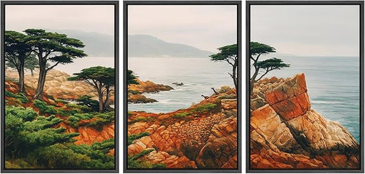SIGNFORD Framed Wall Art Print Set Coastal Cypress and Rocky Shoreline Scenic Landscape Digital Art Modern Art Contemporary for Living Room, Bedroom, Office - 16"x24"x3 Black