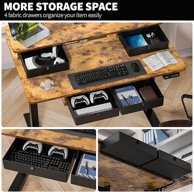 Kingant 48 x 30 Inch Electric Standing Desk with 4 Drawers, Adjustable Height Computer Desk for Home Office, Large Workstation Sit Stand Up Desk with Built-in USB A/C Charging Ports, Rustic Brown