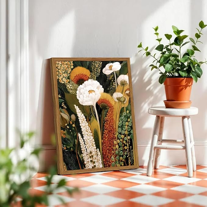 Framed Vintage Floral Canvas Wall Art, Abstract Flower Pictures Wall Decor, Boho Wildflower Botanical Paintings Prints Mid Century Modern Home Decor Aesthetic for Living Room Bedroom 16x24 inch
