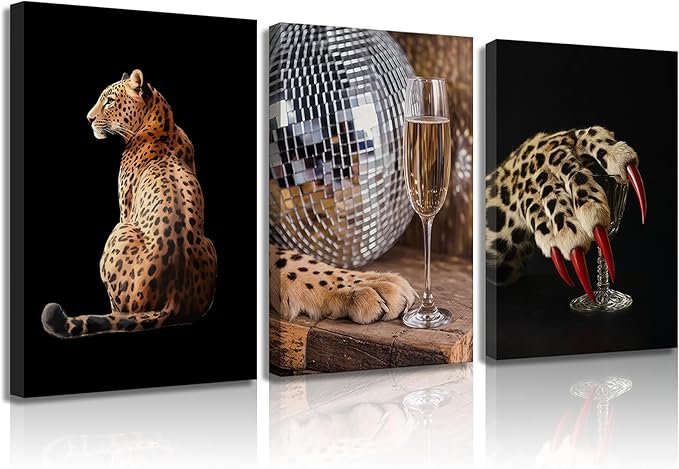 SOUHLP 3Pcs Leopard Canvas Wall Art Elegant Leopard Prints Artwork Modern Disco Ball and Claw Wall Decor for Living Room Bedroom Girls Bedroom Office Home Decoration 12x16in
