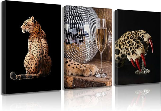 SOUHLP 3Pcs Leopard Canvas Wall Art Elegant Leopard Prints Artwork Modern Disco Ball and Claw Wall Decor for Living Room Bedroom Girls Bedroom Office Home Decoration 16x24in