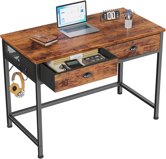 Furologee Small Computer Desk with 2 Fabric Drawers, 40 Inch Simple Home Office Desk, Writing Desk with Hooks, Study Table for Working Small Spaces, Makeup Desk for Bedroom, Rustic Brown