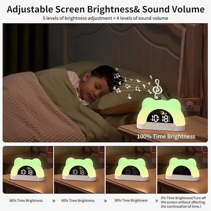 Alarm Clock for Kids, Wake Up Clock with Night Light, Sleep Training Clock for Toddlers,3 Brightness Levels, Dual Alarms, Sound Machine, Digital Clock for Bedroom, Birthday Gifts
