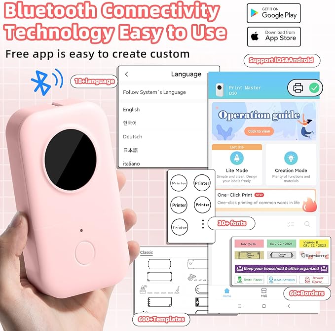 Phomemo D30 Label Maker Machine with Tape 3 Roll Adhesive Label, Bluetooth Mini Label Printer Thermal Wireless Small Labeler Machine for Home, Office Organization,Pink